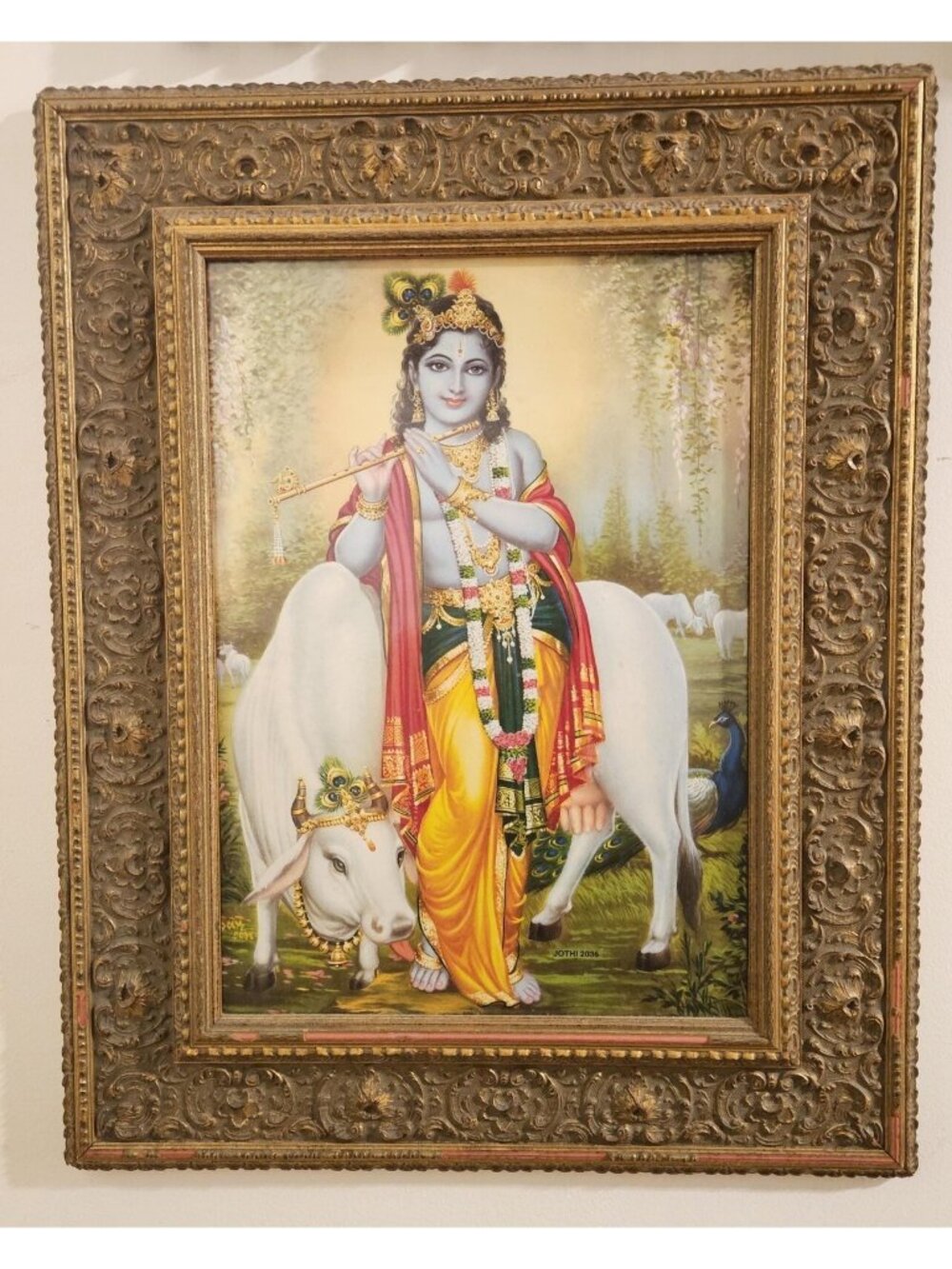 Lord krishna with Flute and Cow Canvas Painting Photo Art Room Temple Spiritual